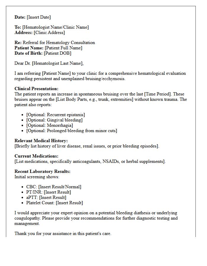 Unexplained Bruising Hematology Bleeding Disorder Consultation Letter