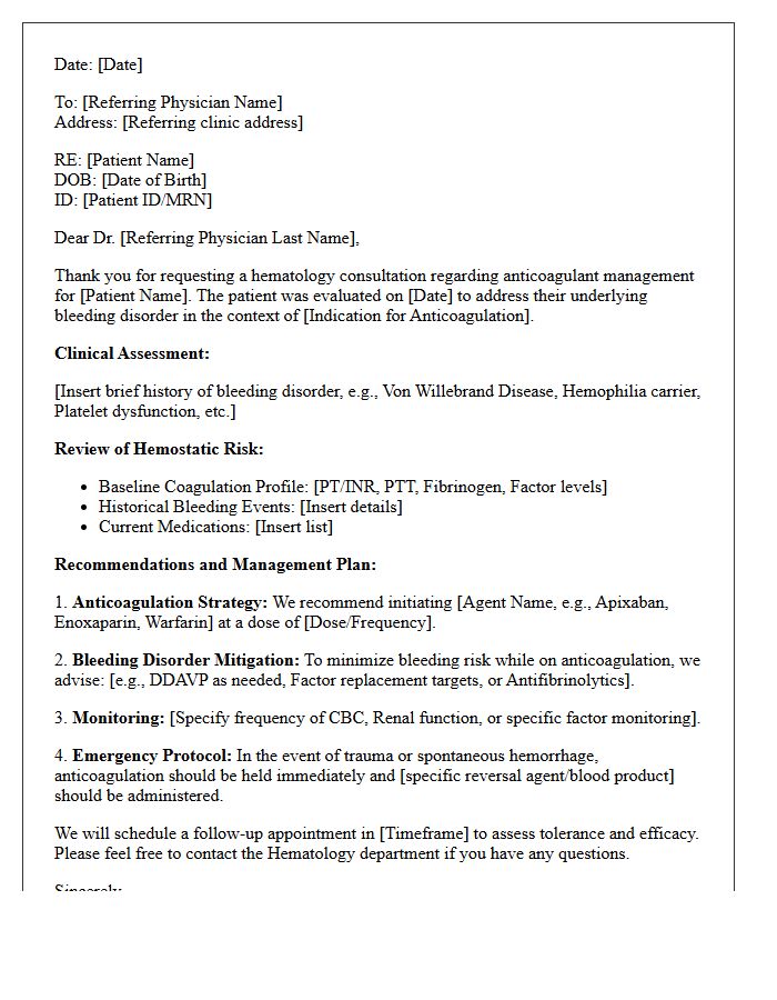 Anticoagulant Management Hematology Bleeding Disorder Consultation Letter
