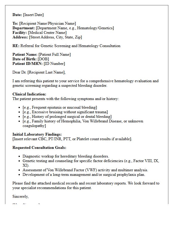 Genetic Screening Hematology Bleeding Disorder Consultation Letter
