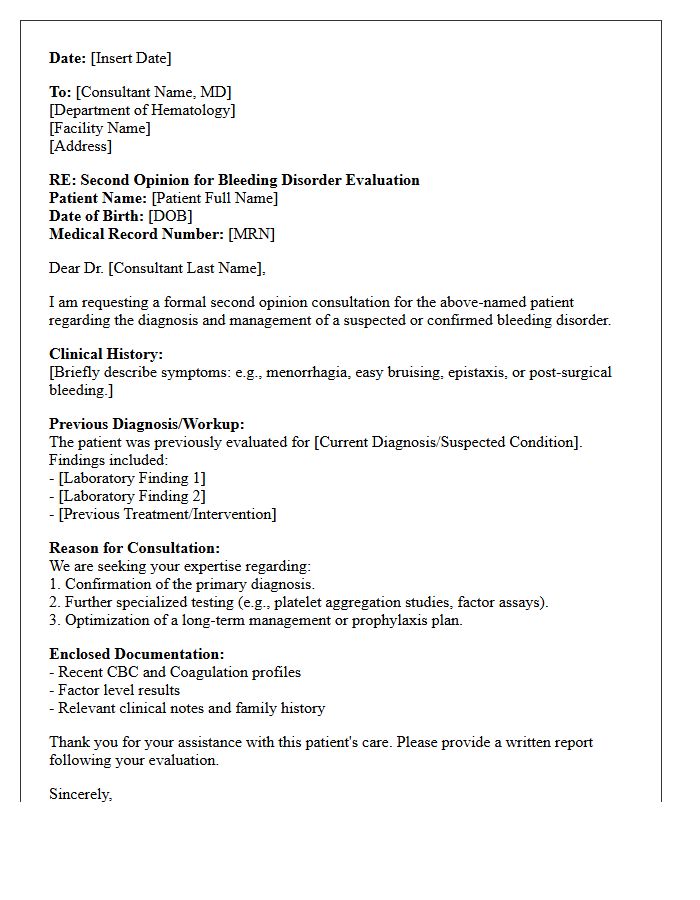Second Opinion Hematology Bleeding Disorder Consultation Letter