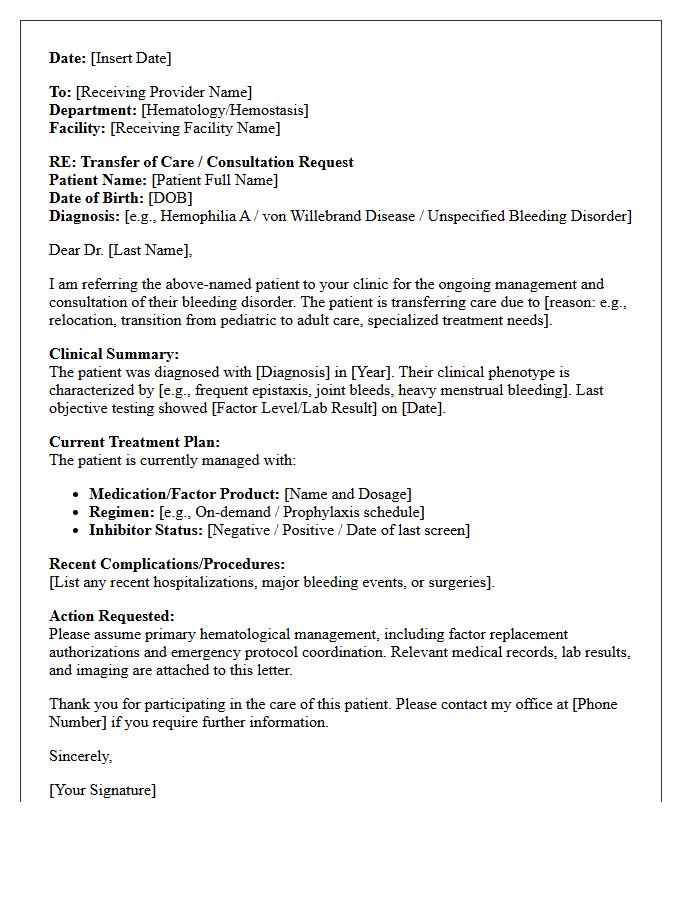 Transfer Of Care Hematology Bleeding Disorder Consultation Letter