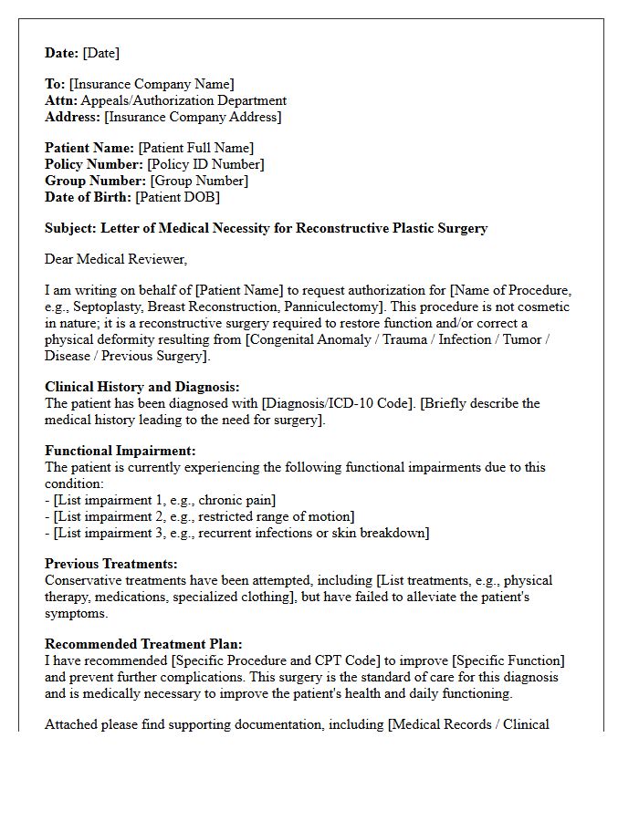Medical Necessity Letter for Reconstructive Plastic Surgery