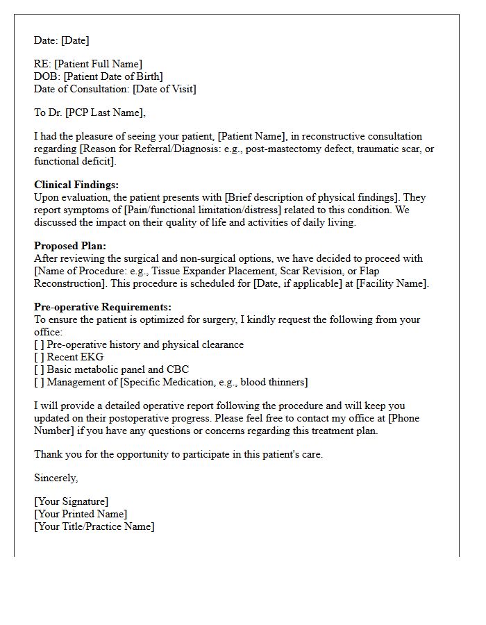 Primary Care Physician Update Letter Following Reconstructive Consultation