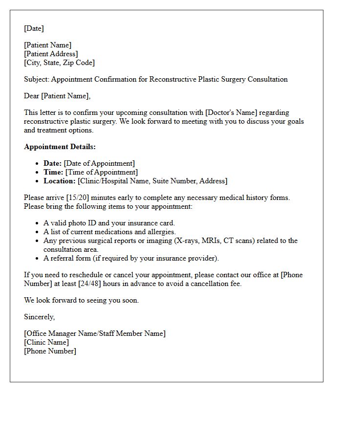 Appointment Confirmation Letter for Reconstructive Plastic Surgery Consultation