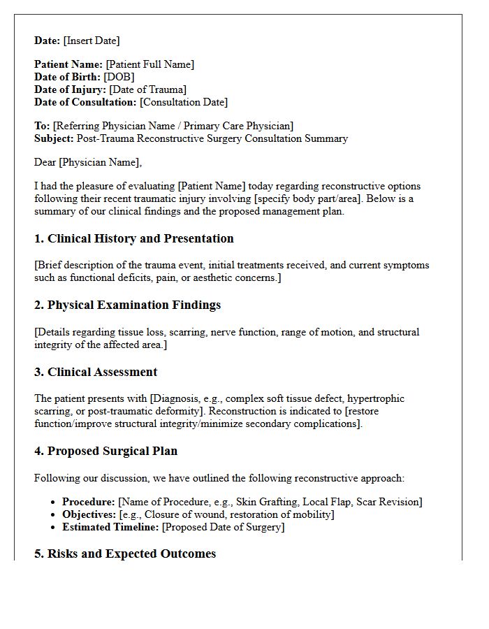 Post-Trauma Reconstructive Surgery Consultation Summary Letter