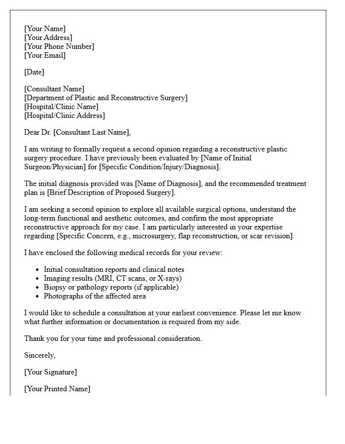 Second Opinion Consultation Letter for Reconstructive Plastic Surgery