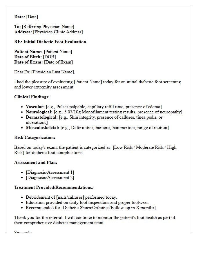 Initial Podiatry Diabetic Foot Care Consultation Letter