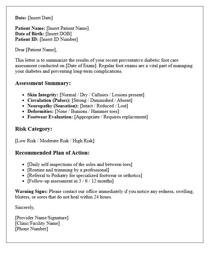 Preventative Diabetic Foot Care Assessment Letter