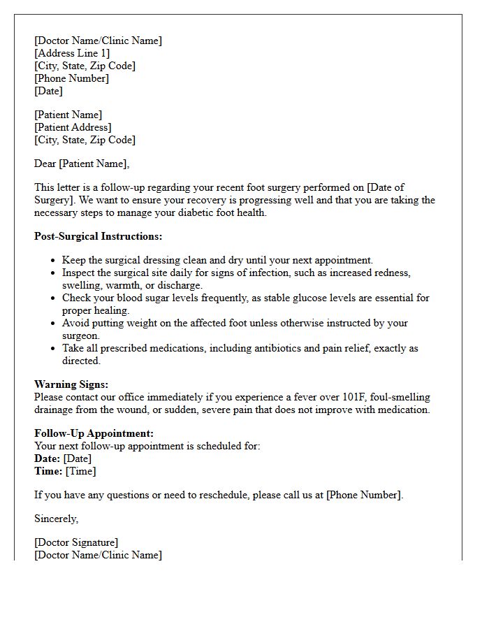Post-Surgical Diabetic Foot Care Follow-Up Letter