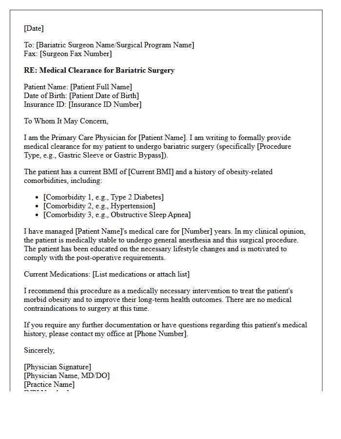 Primary Care Physician Clearance Letter For Bariatric Surgery