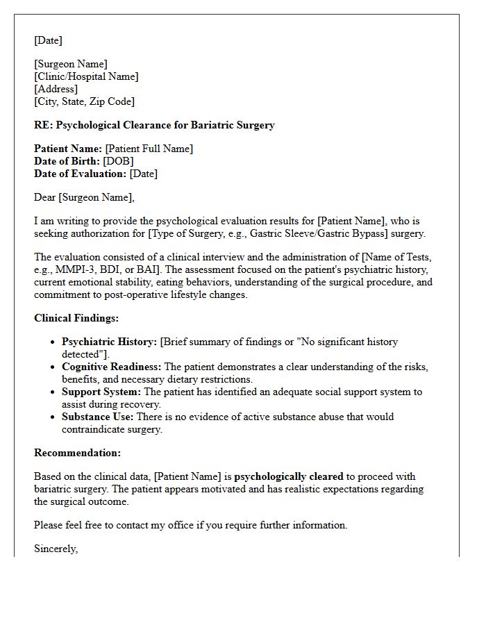 Psychological Evaluation Clearance Letter For Bariatric Authorization