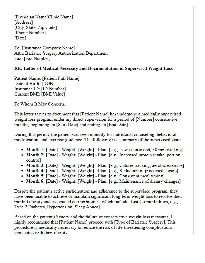 Supervised Diet History Documentation Letter For Bariatric Surgery