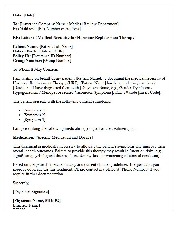 Letter of Medical Necessity for Hormone Replacement Therapy