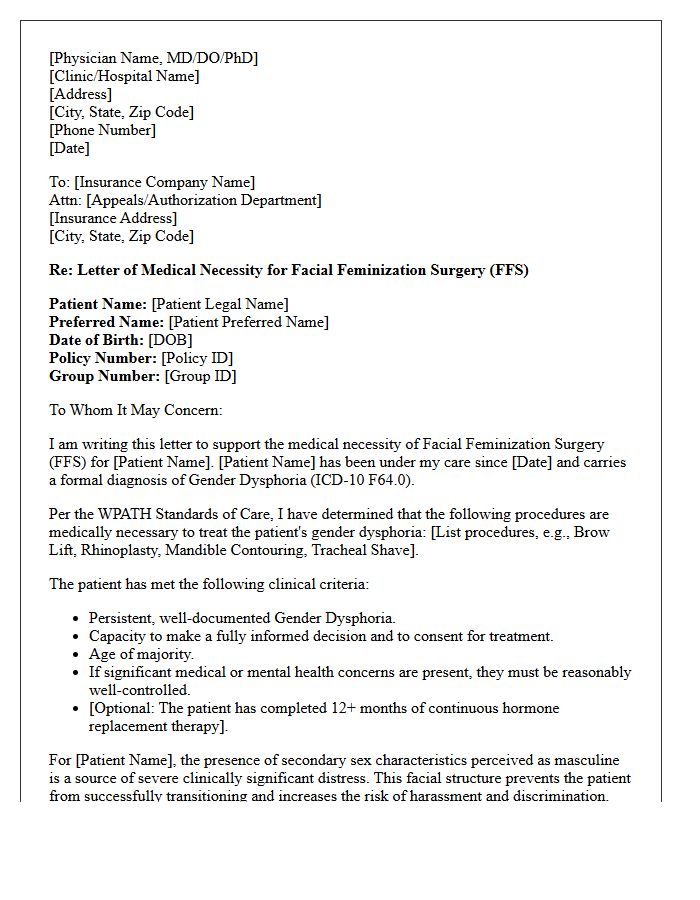 Letter of Medical Necessity for Facial Feminization Surgery