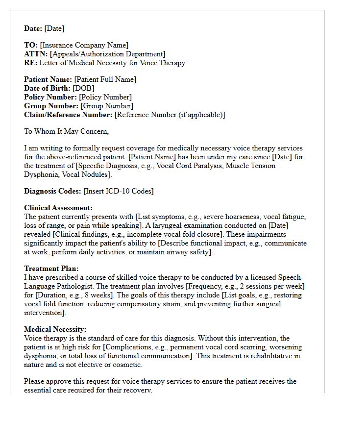 Letter of Medical Necessity for Voice Therapy and Rehabilitation