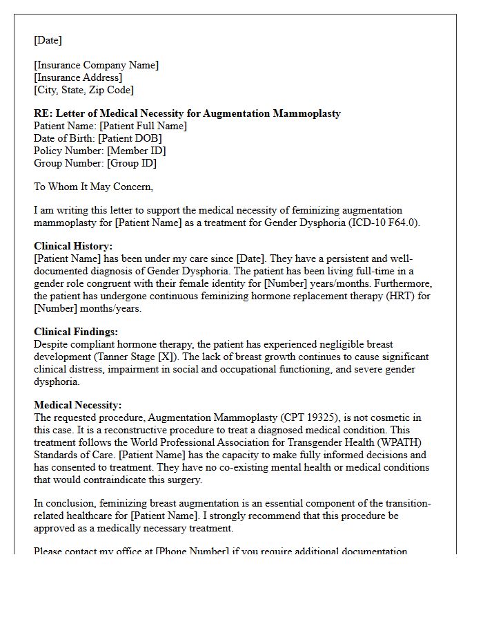 Letter of Medical Necessity for Feminizing Augmentation Mammoplasty