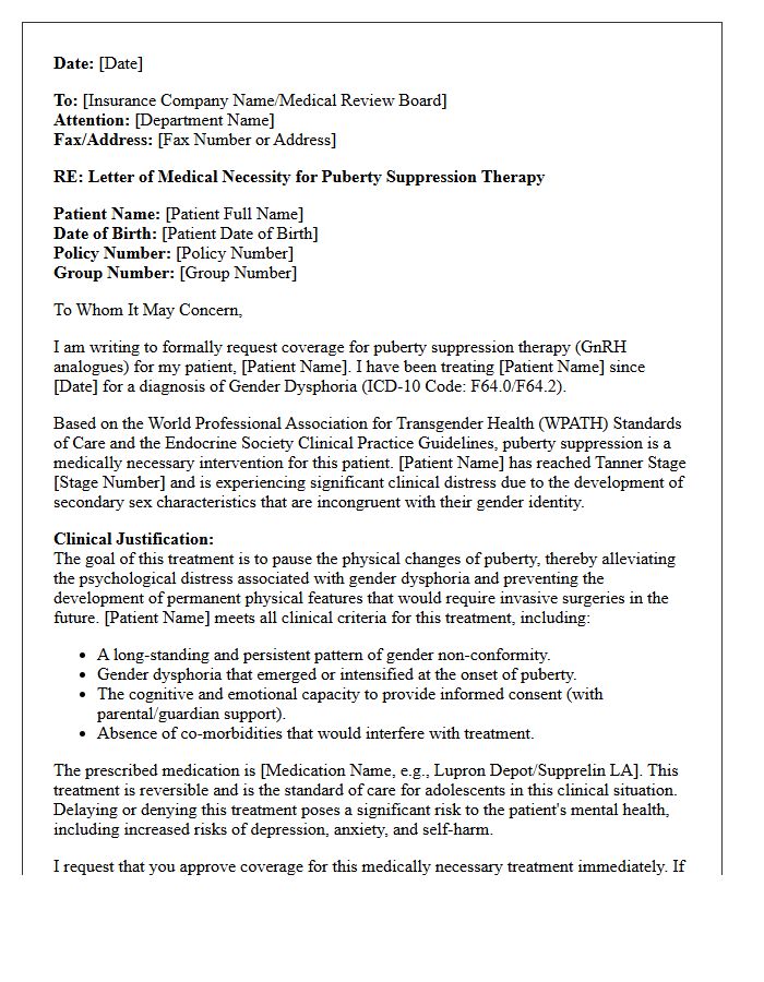Letter of Medical Necessity for Puberty Suppression Therapy