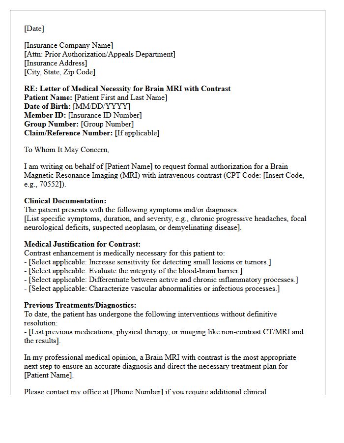 Letter of Medical Necessity for Brain Magnetic Resonance Imaging with Contrast