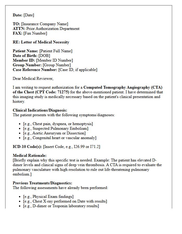 Letter of Medical Necessity for Computed Tomography Angiography of the Chest