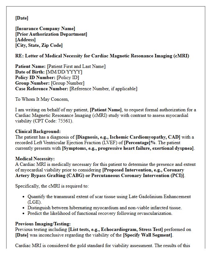 Letter of Medical Necessity for Cardiac Magnetic Resonance Imaging for Myocardial Viability