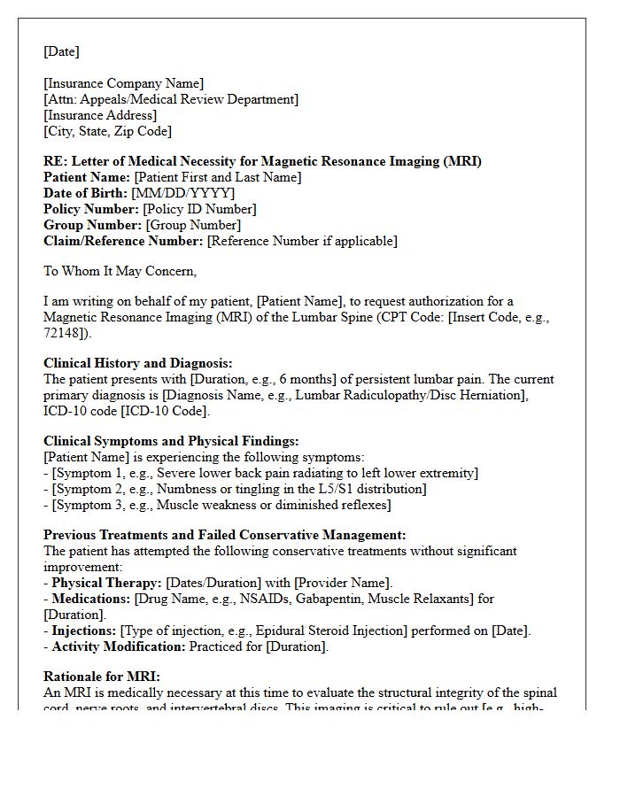 Letter of Medical Necessity for Magnetic Resonance Imaging of the Lumbar Spine