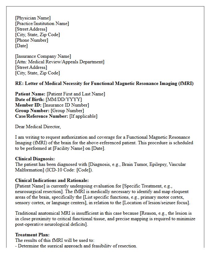 Letter of Medical Necessity for Functional Magnetic Resonance Imaging of the Brain