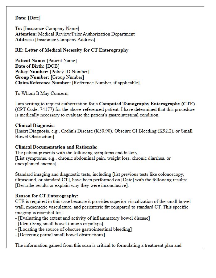 Letter of Medical Necessity for Computed Tomography Enterography for Gastrointestinal Evaluation
