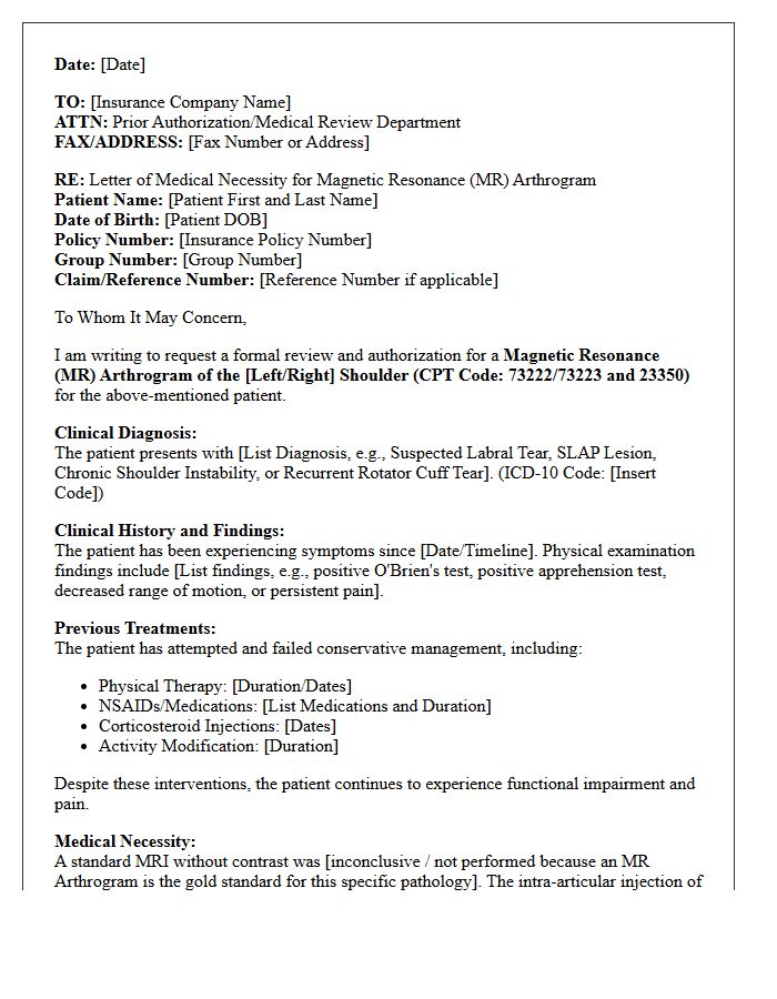 Letter of Medical Necessity for Magnetic Resonance Arthrogram of the Shoulder Joint