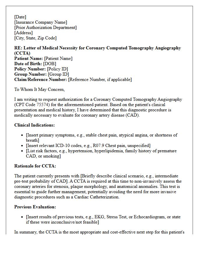 Letter of Medical Necessity for Coronary Computed Tomography Angiography Evaluation