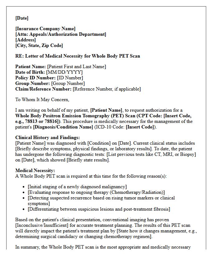 Letter of Medical Necessity for Whole Body Positron Emission Tomography