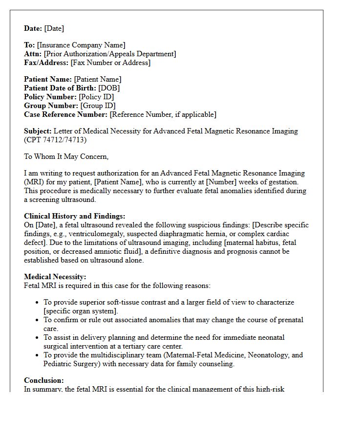 Letter of Medical Necessity for Advanced Fetal Magnetic Resonance Imaging