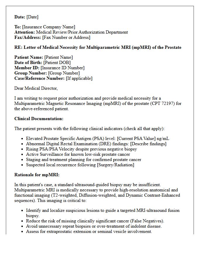 Letter of Medical Necessity for Multiparametric Magnetic Resonance Imaging of the Prostate
