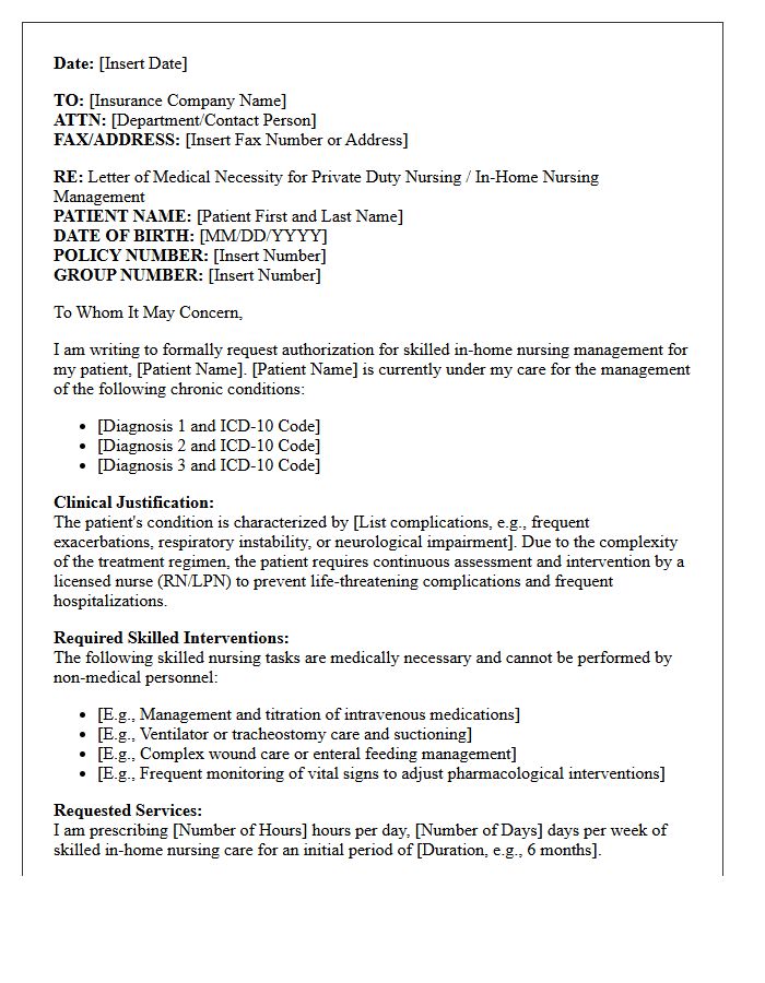Letter of Medical Necessity for Chronic Disease In-Home Nursing Management
