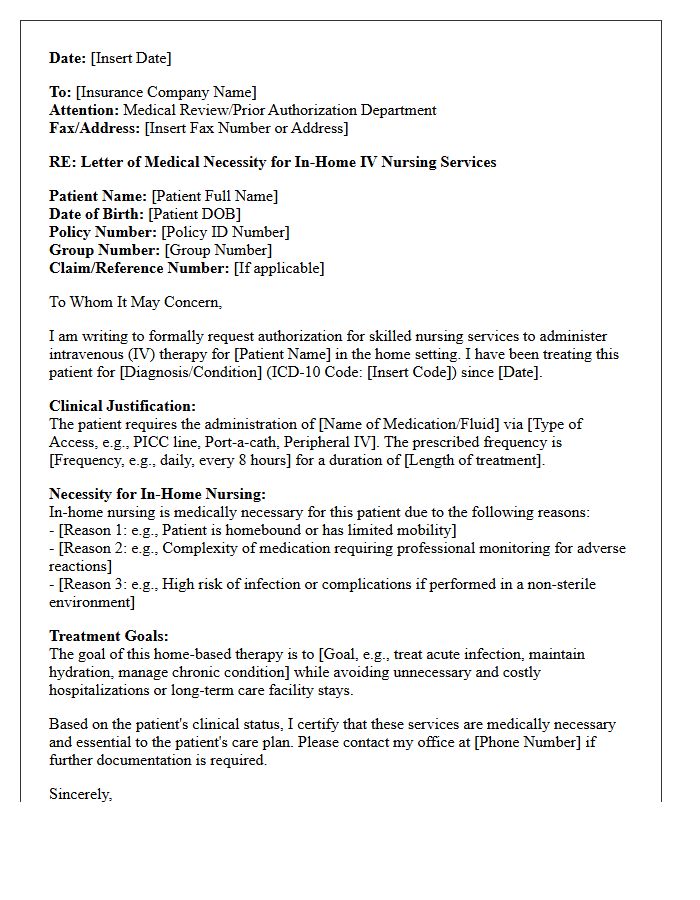Letter of Medical Necessity for Intravenous Therapy In-Home Nursing Services