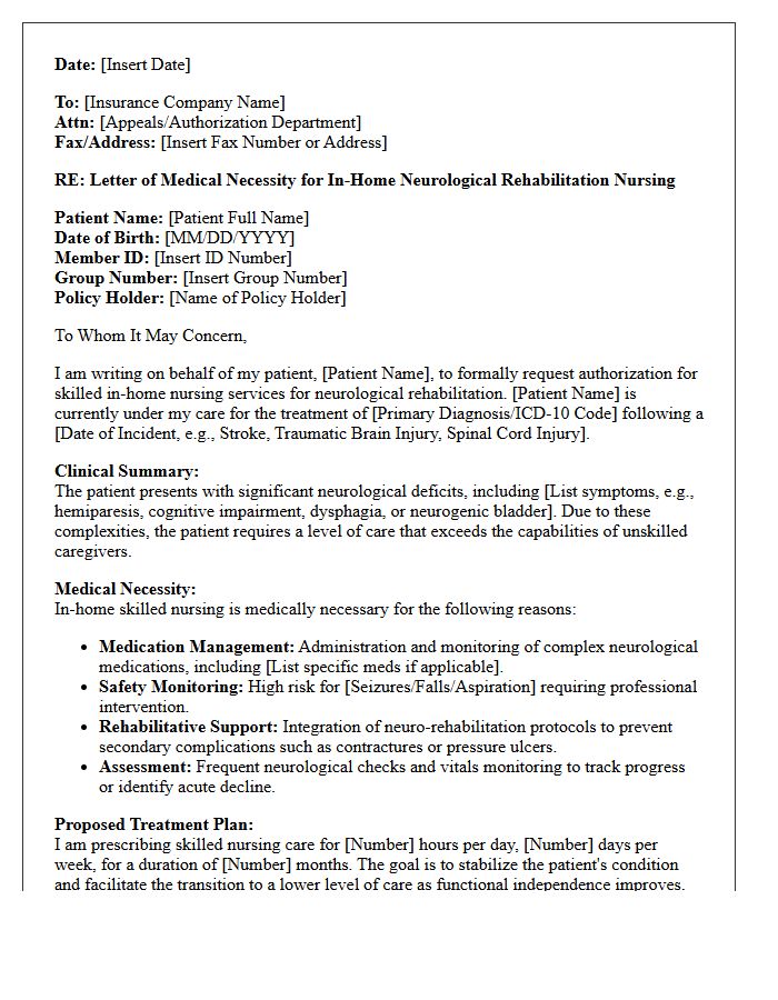 Letter of Medical Necessity for Neurological Rehabilitation In-Home Nursing