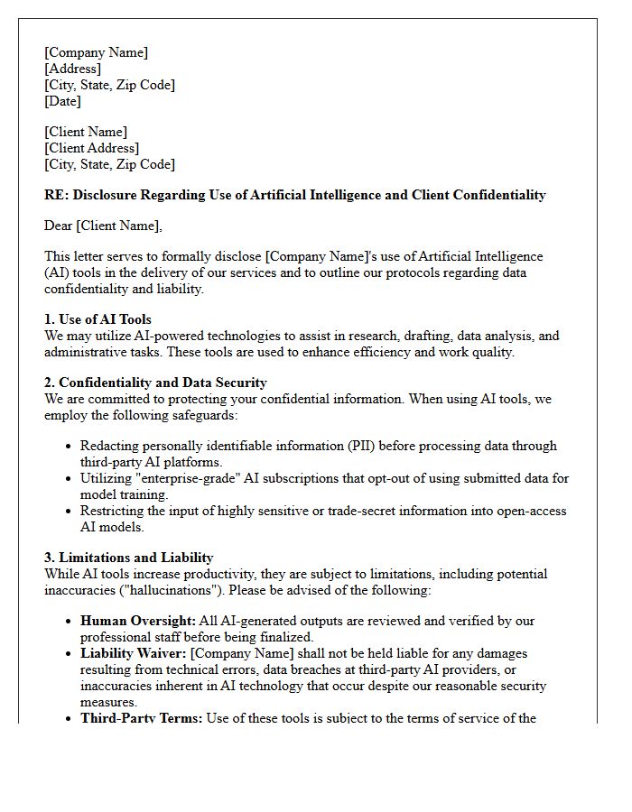Client Confidentiality and Artificial Intelligence Tool Liability Disclosure Letter