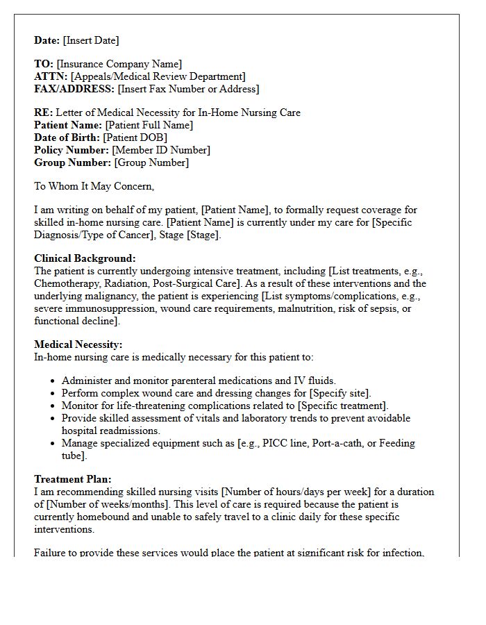 Letter of Medical Necessity for Oncology Support In-Home Nursing Care