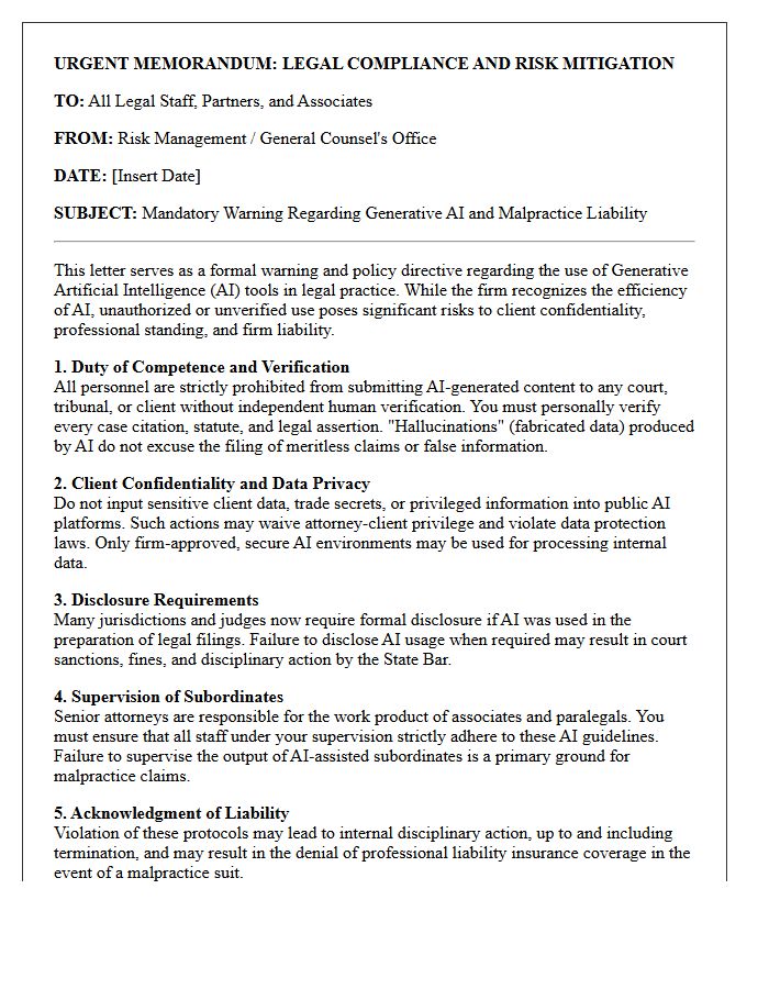 Law Firm Generative Artificial Intelligence Malpractice Liability Warning Letter