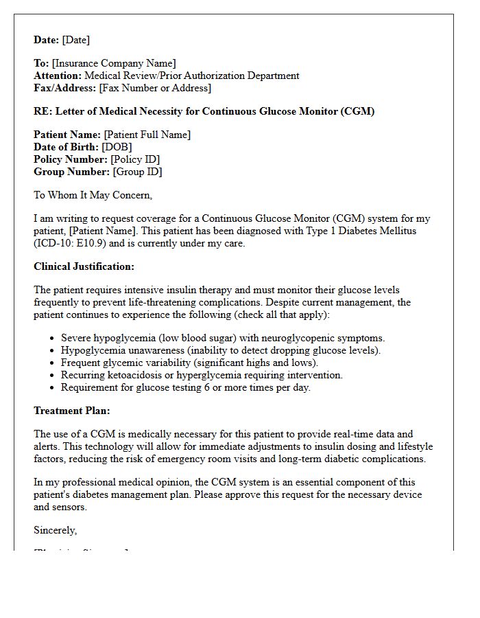 Letter of Medical Necessity for Adult Type One Diabetes Continuous Glucose Monitor