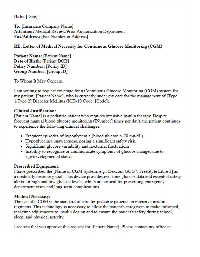 Pediatric Continuous Glucose Monitor Medical Necessity Letter