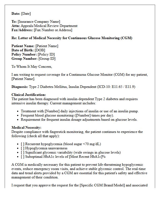 Letter of Medical Necessity for Insulin Dependent Type Two Diabetes Continuous Glucose Monitor