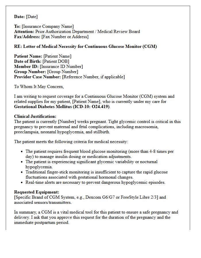 Gestational Diabetes Continuous Glucose Monitor Medical Necessity Letter