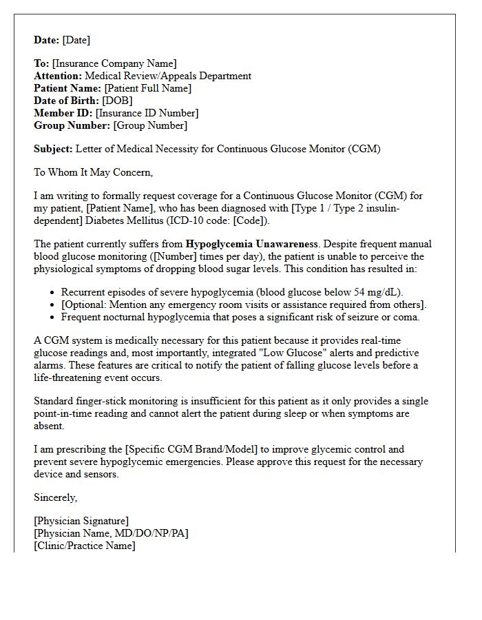 Hypoglycemia Unawareness Continuous Glucose Monitor Justification Letter
