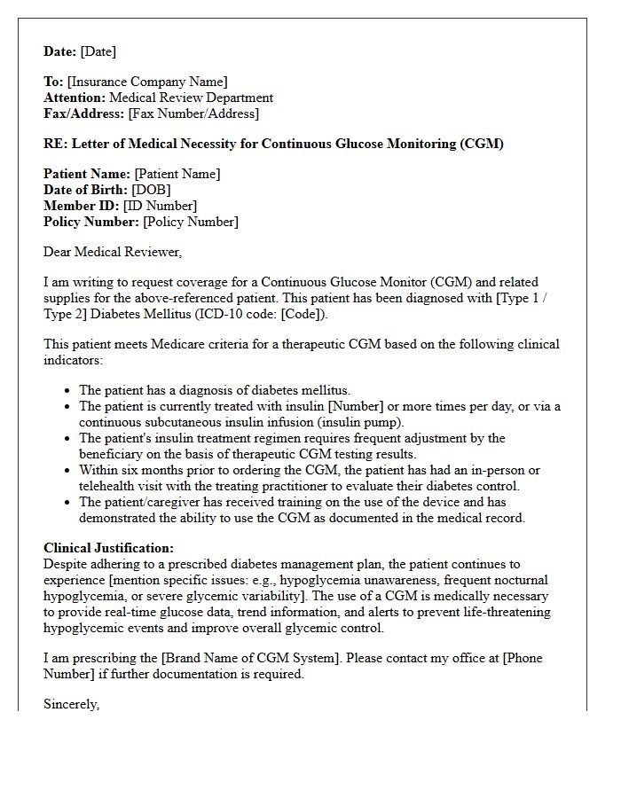 Medicare Compliant Continuous Glucose Monitor Medical Necessity Letter