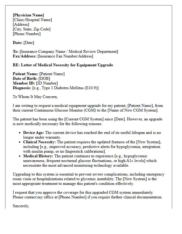 Continuous Glucose Monitor Equipment Upgrade Necessity Letter