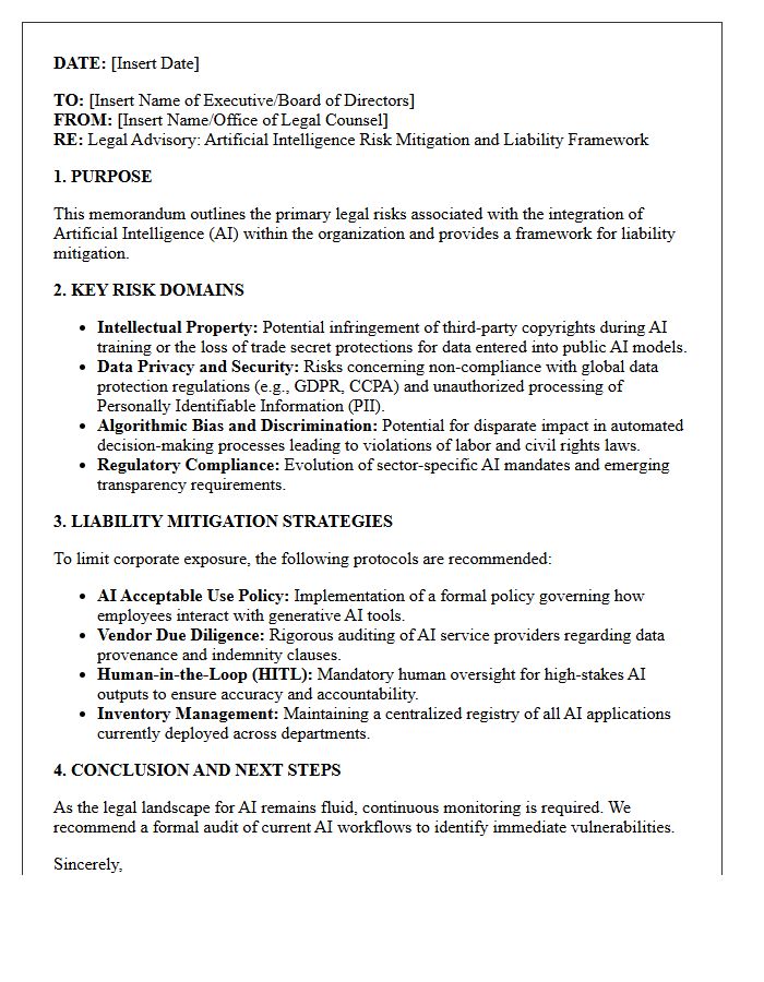 Legal Counsel Artificial Intelligence Risk and Liability Advisory Letter