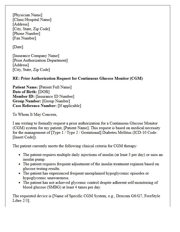 Commercial Insurance Prior Authorization Letter for Continuous Glucose Monitor