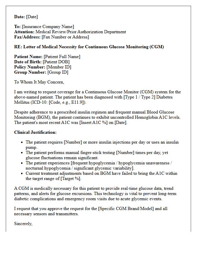 Uncontrolled Hemoglobin A1C Continuous Glucose Monitor Necessity Letter