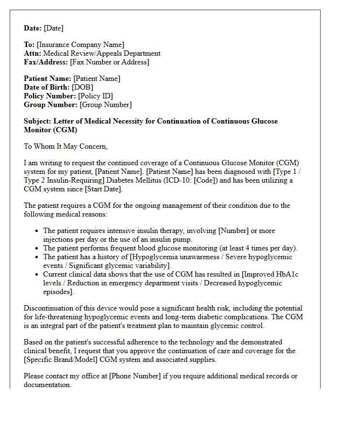Continuation of Care Continuous Glucose Monitor Necessity Letter