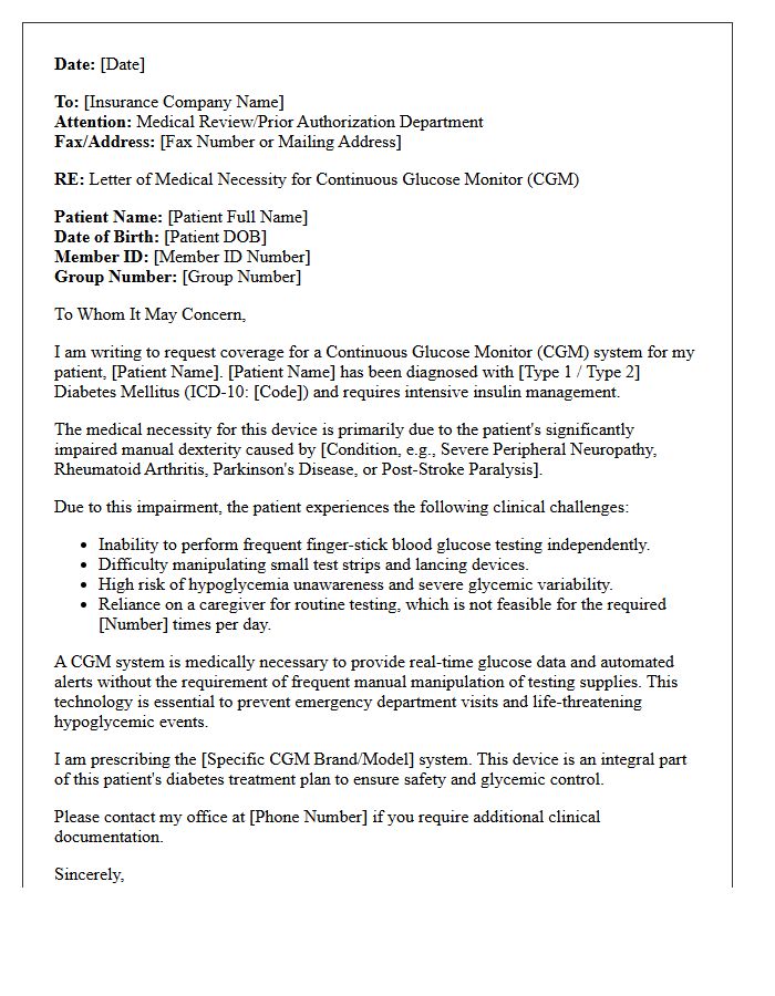 Impaired Dexterity Continuous Glucose Monitor Medical Necessity Letter